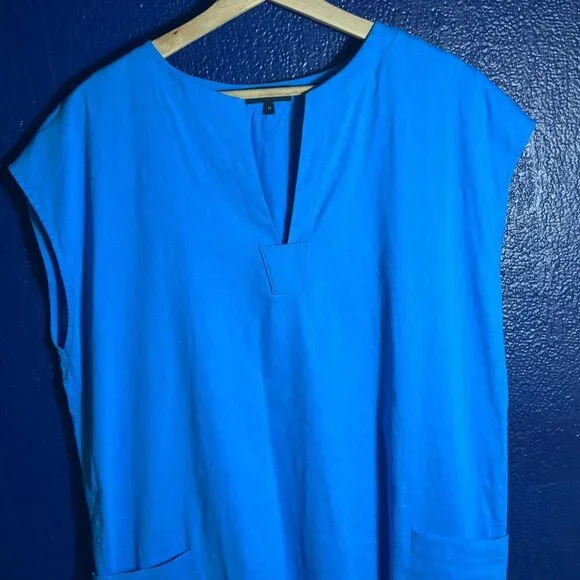 Theory Saturina Linen-Blend Shift Dress 10 Splitneck Waist patch pockets Casual - Picture 6 of 11